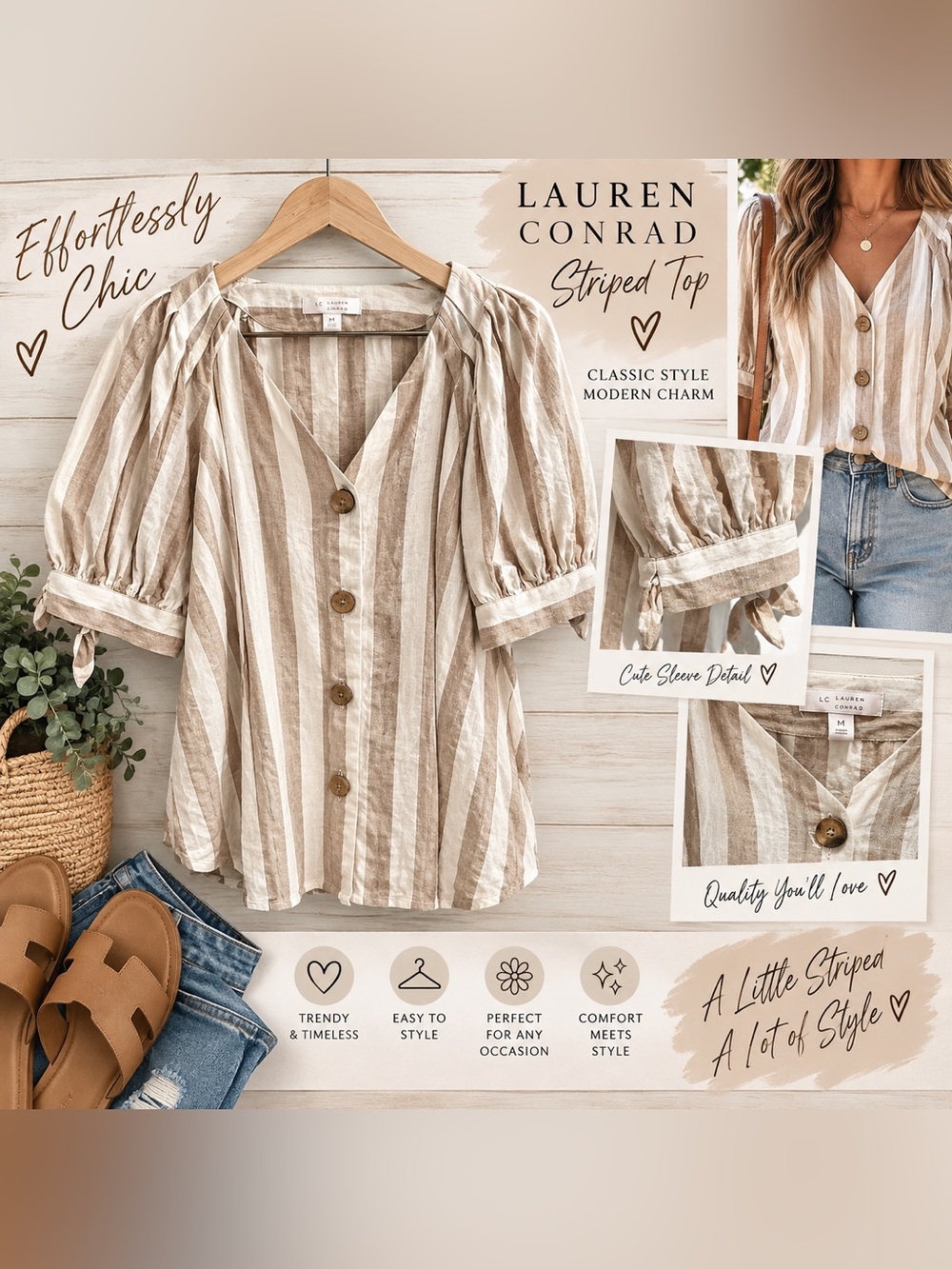 LC Lauren Conrad Beige and White Striped Button-Front Puff Sleeve Blouse